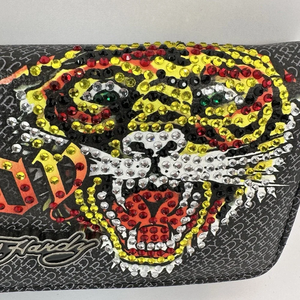 Ed Hardy Rhinestone Tiger Wallet Y2K Goth Punk Clutch Checkbook Style NWT